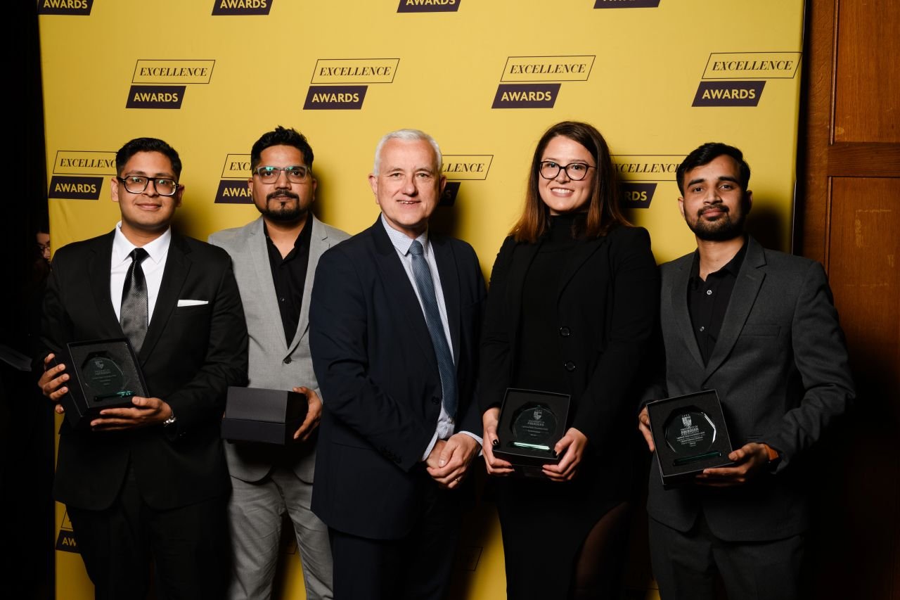 The DermaSetuAI founding team receiving the University of Aberdeen Principal's Excellence Award.